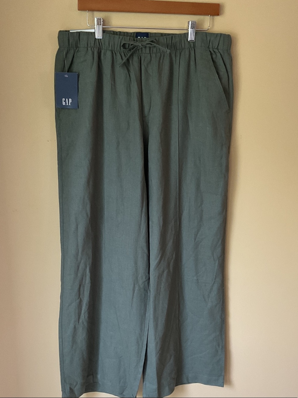 GAP Women’s Olive Drawstring Linen-Blend Wide Leg Pants Size L